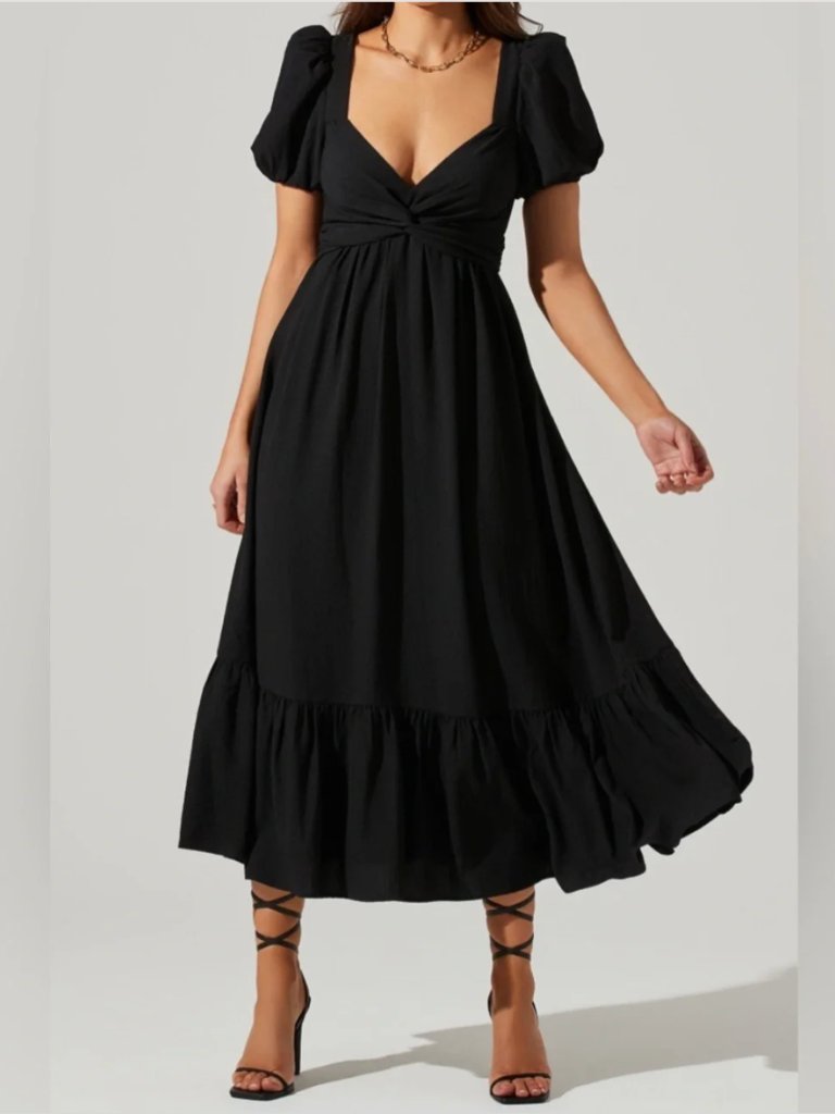 Astr The Label Tie Back Puff Sleeve Midi Dress In Black Sz L - Nwt!
